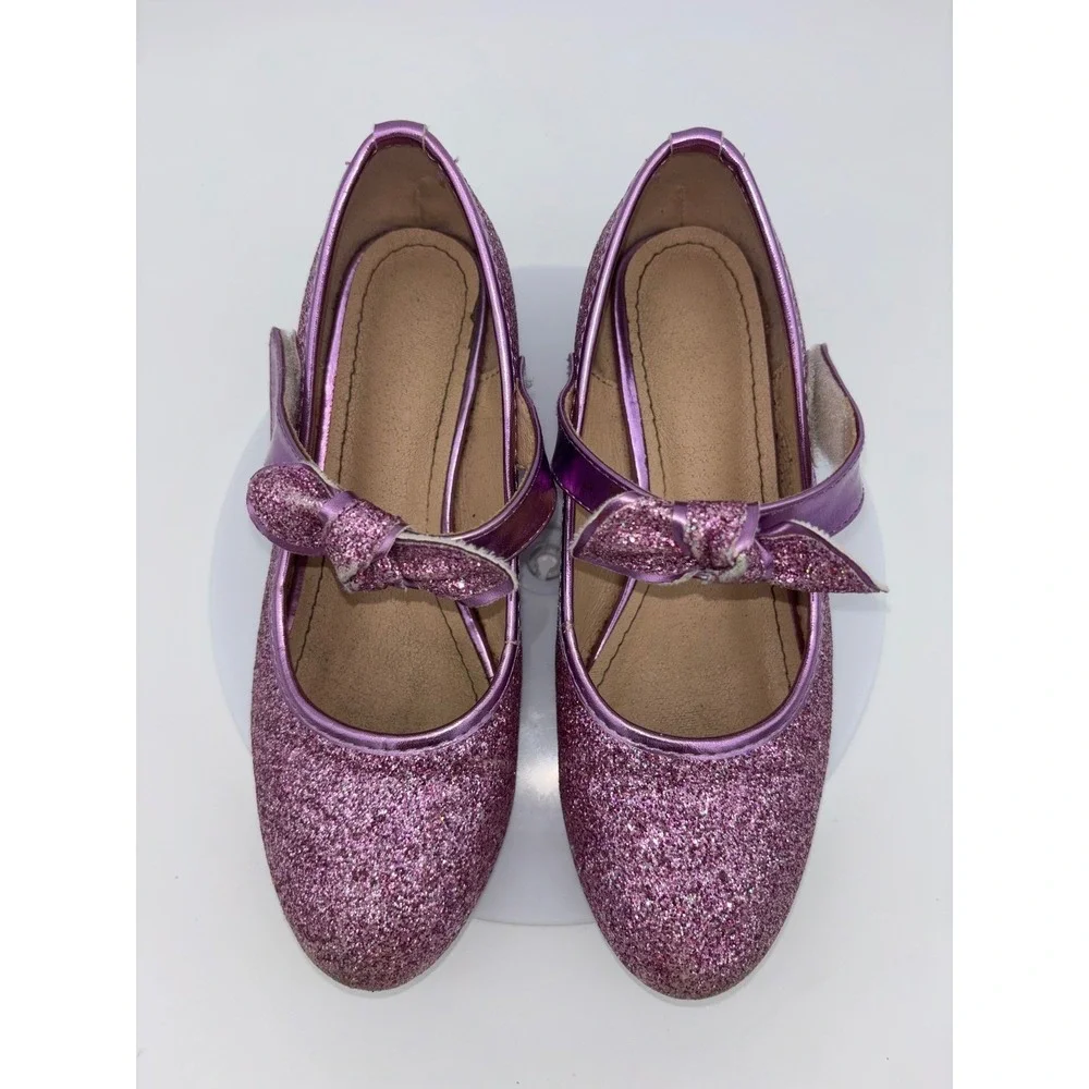 GLITTER MARY JANE SHOES Girls Purple Bow Sparkle Heel Party Daddy Daughter Dance